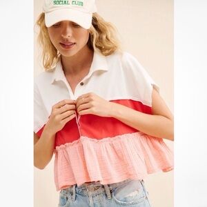 Pilcro Bonfire Rugby Stripe Coral Tiered Polo Top Ruffle Retro FishermanCotton M